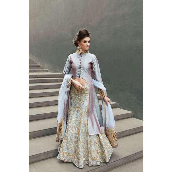 16007 SILVER STEEL ZOYA CRYSTAL WEDDING WEAR LEHENGA