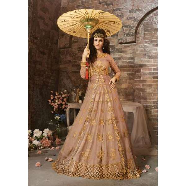 Peach Net Embroidered Anarkali Dress Special Party Wear Maxi