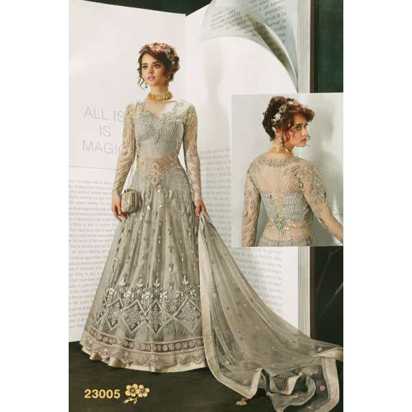 SILVER GREY INDIAN DESIGNER WEDDING AND BRIDAL GOWN